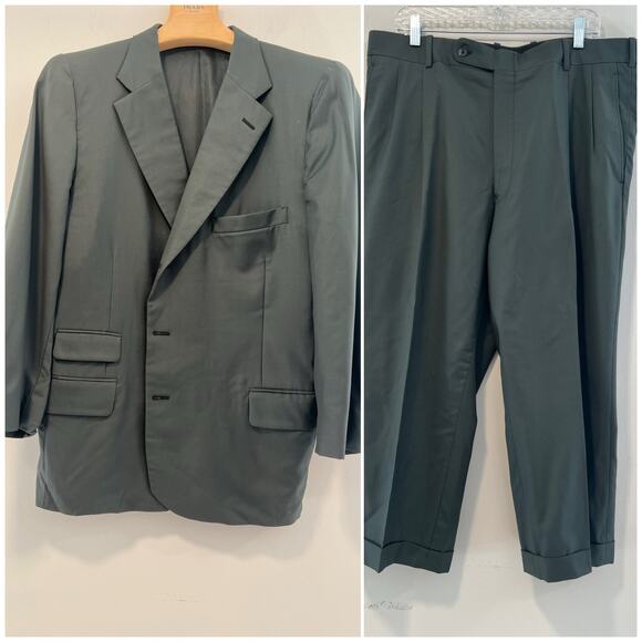 Holland & Sherry 2 Piece 3 Button Suit Dark Sage Green Pleated Pants 44 / 37 JL - Picture 1 of 16